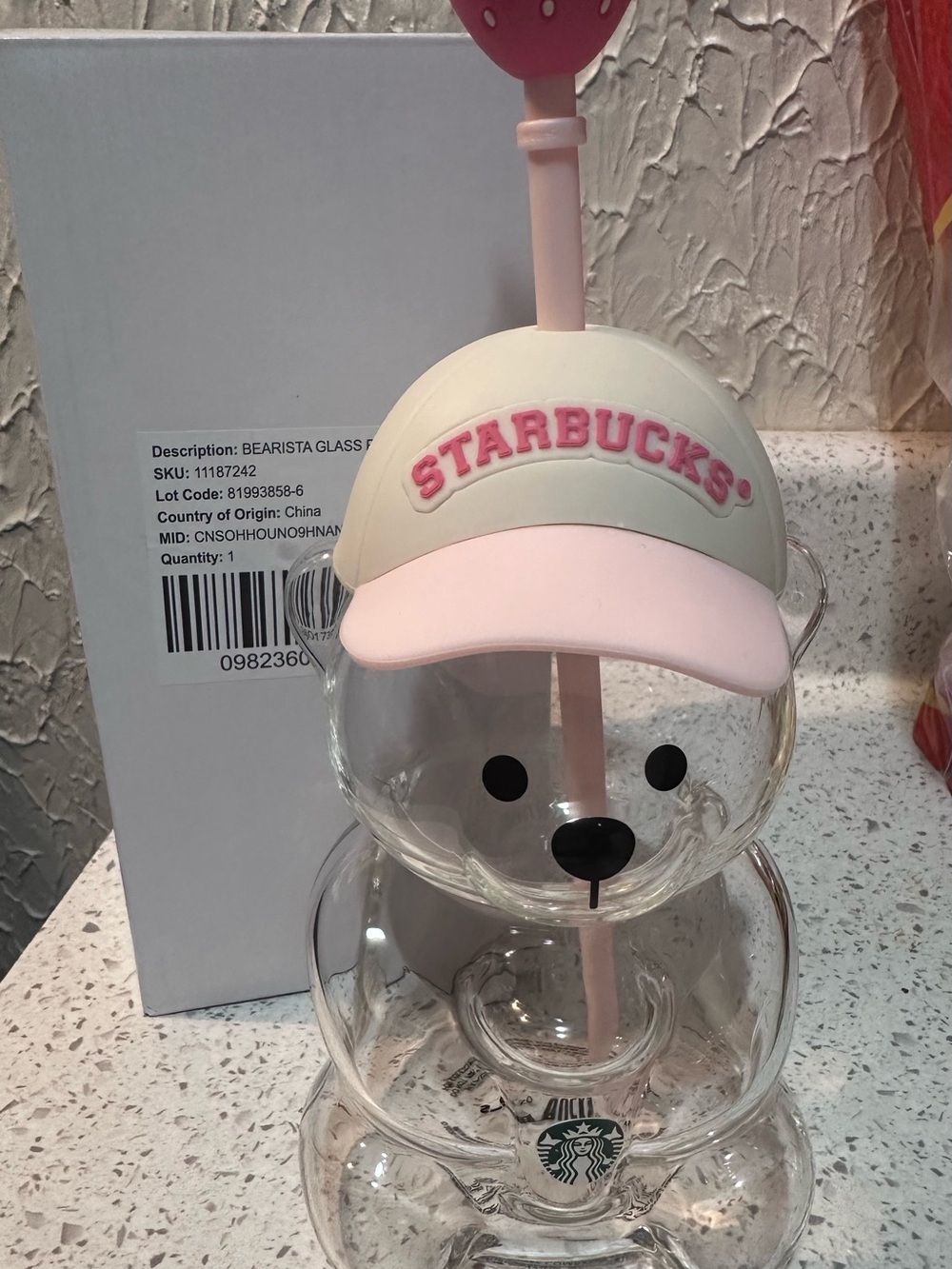 Starbucks strawberry Pink and Cream Bear Hat Glass Bottle with Straw